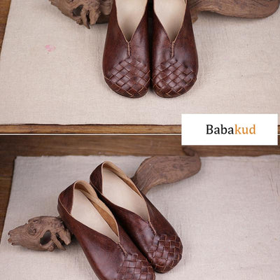 Retro Art Hand-woven Cowhide Shoes Round Toe September 2020 new arrival 35 brown 
