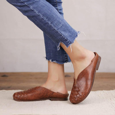 Retro Art Hand-woven Cowhide Shoes Round Toe September 2020 new arrival 35 light brown 