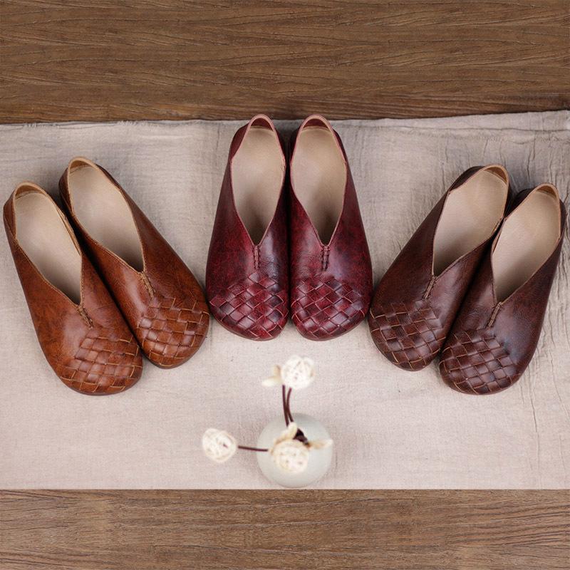 Retro Art Hand-woven Cowhide Shoes Round Toe September 2020 new arrival 35 wine red 