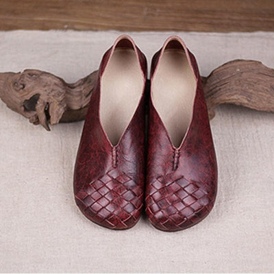 Retro Art Hand-woven Cowhide Shoes Round Toe September 2020 new arrival 36 wine red 