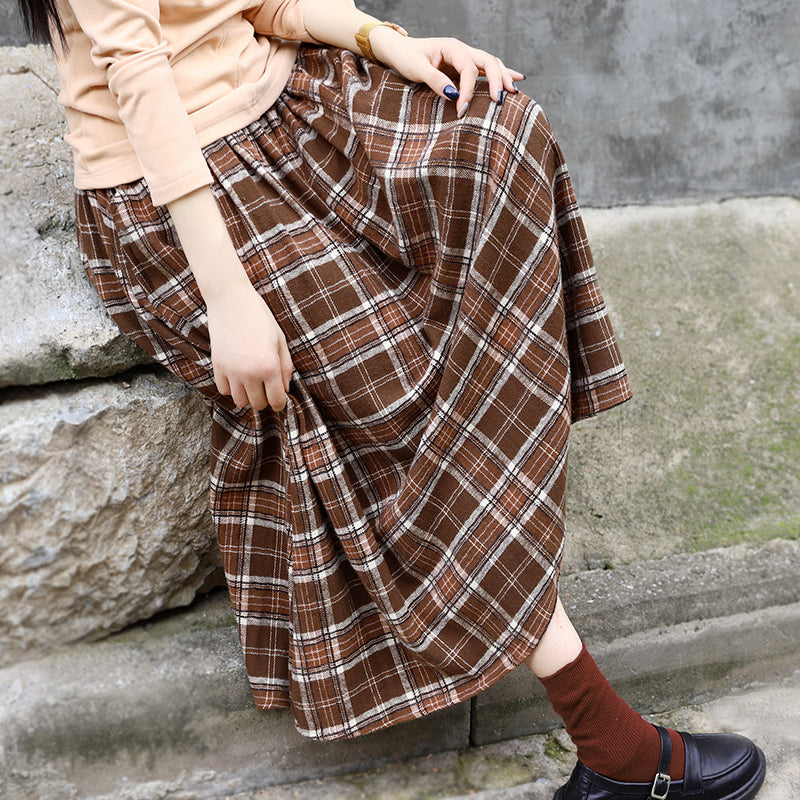 Retro Autumn Casual Cotton Plaid Skirt