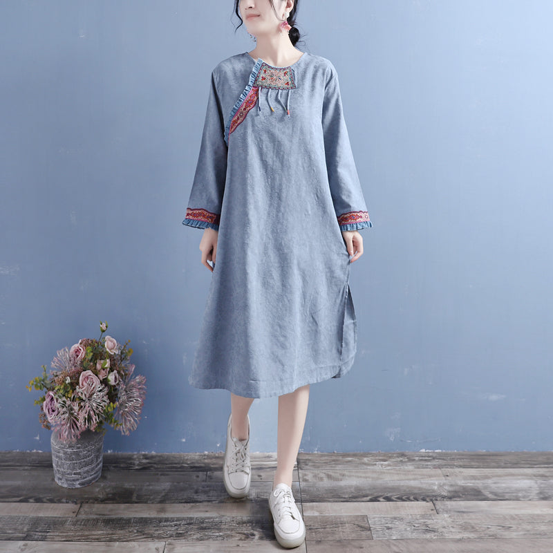 Retro Autumn Cotton Linen Patchwork Mini Dress Aug 2022 New Arrival One Size Blue 