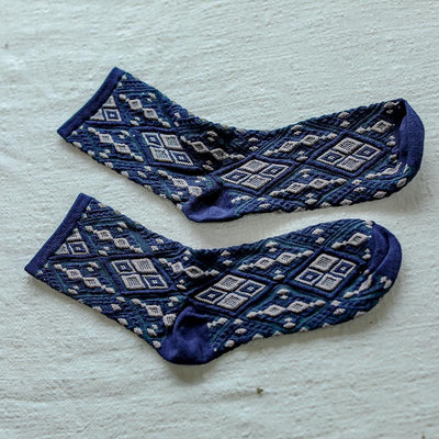 Retro Autumn Winter Ethnic Rhombic Cotton Socks Oct 2021 New-Arrival Blue 