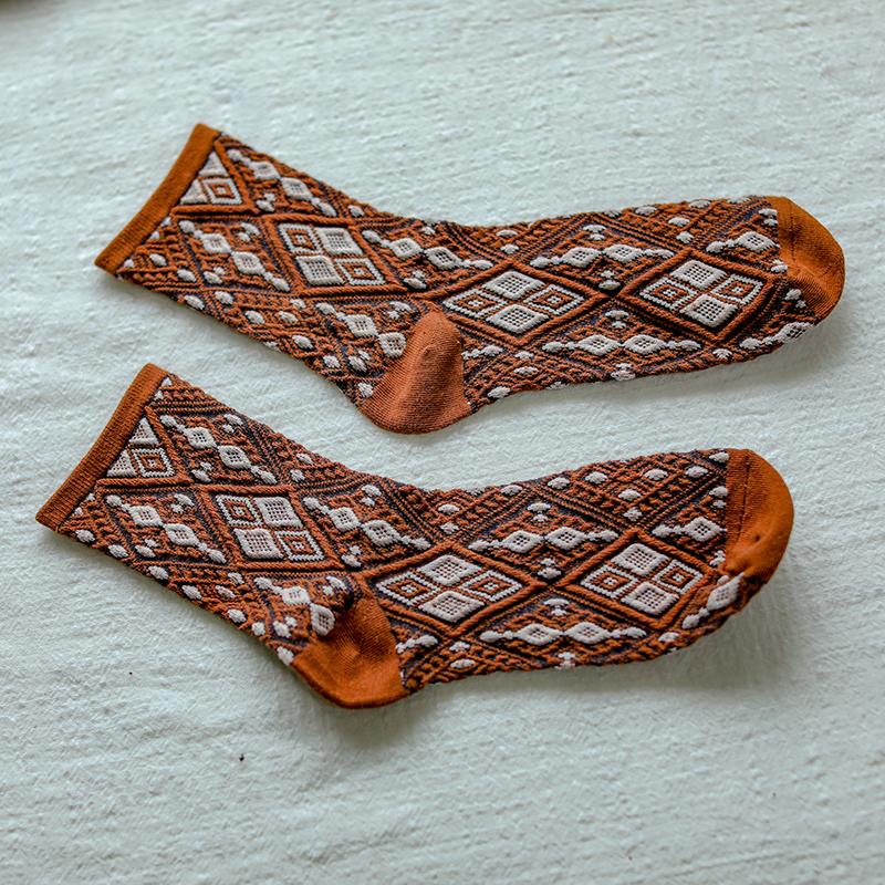 Retro Autumn Winter Ethnic Rhombic Cotton Socks Oct 2021 New-Arrival Orange 