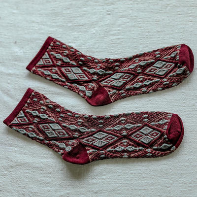 Retro Autumn Winter Ethnic Rhombic Cotton Socks Oct 2021 New-Arrival Red 
