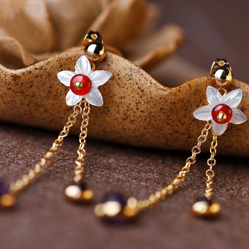 Retro Boho Shell Flower Amethyst Tassels Earrings Jewelry 