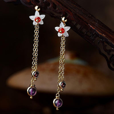 Retro Boho Shell Flower Amethyst Tassels Earrings Jewelry One Size As Picture 