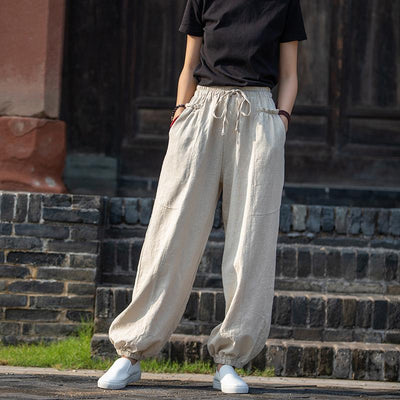 Retro Casual Cotton Linen Patchwork Bloomer Pants September 2021 new-arrival Beige 