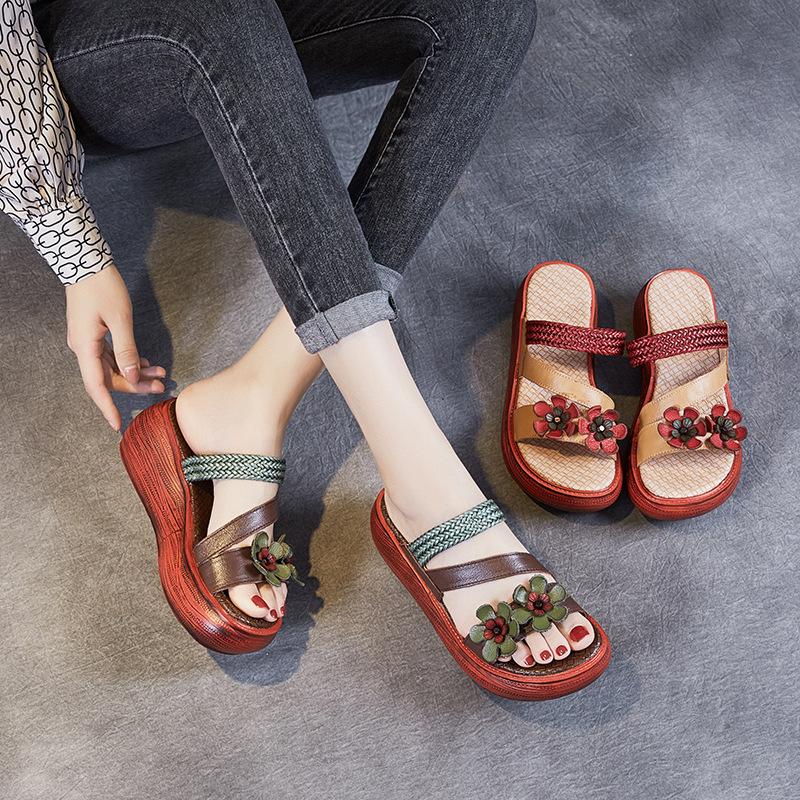 Retro Casual Handmade Leather Floral Platform Sandals June 2021 New-Arrival 