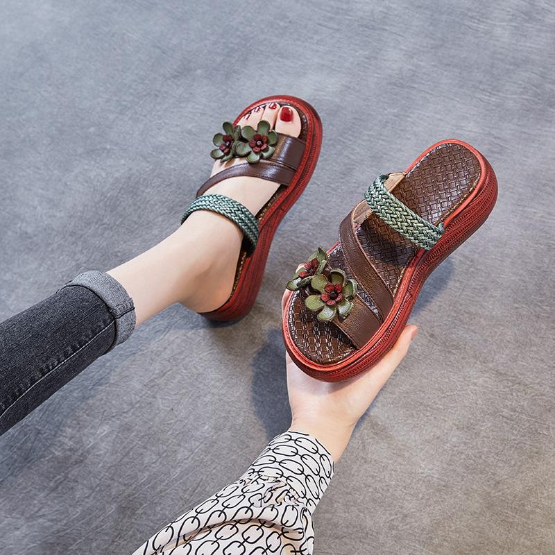 Retro Casual Handmade Leather Floral Platform Sandals June 2021 New-Arrival 