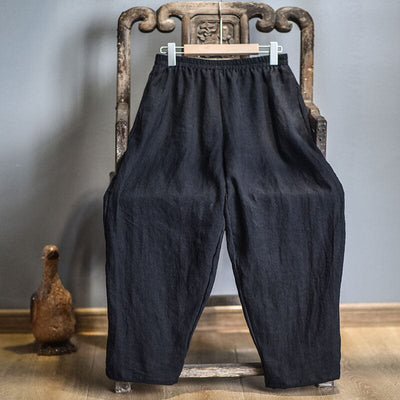Retro Casual Loose Linen Pants Plus Size Aug 2023 New Arrival Black One Size 