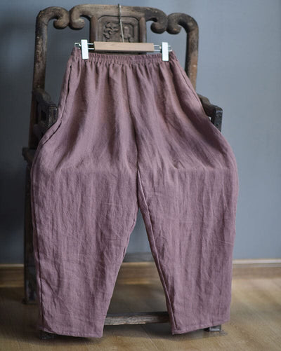 Retro Casual Loose Linen Pants Plus Size Aug 2023 New Arrival Dark Pink One Size 