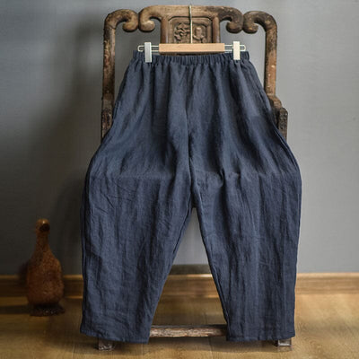 Retro Casual Loose Linen Pants Plus Size Aug 2023 New Arrival Navy One Size 