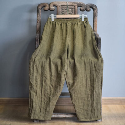 Retro Casual Loose Linen Pants Plus Size Aug 2023 New Arrival Olive One Size 
