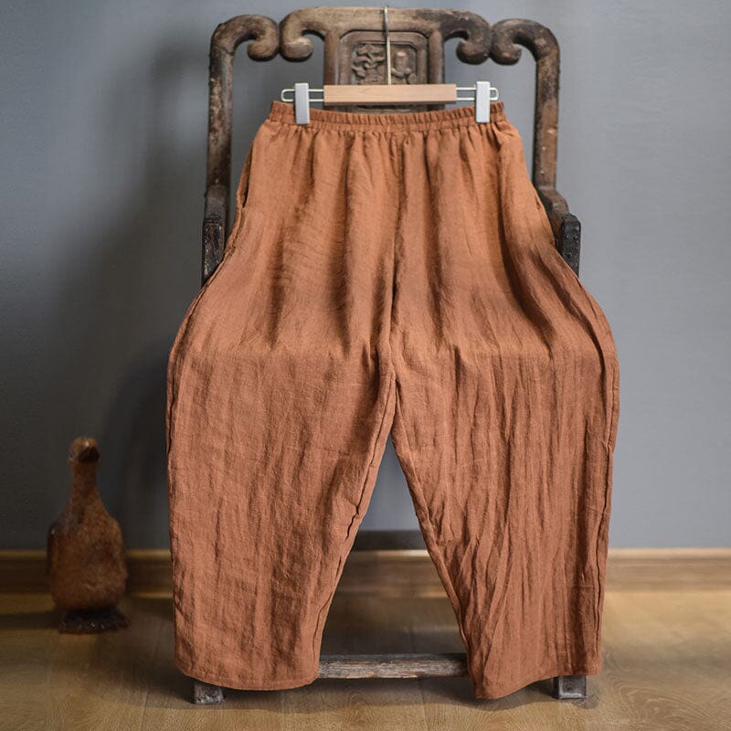 Retro Casual Loose Linen Pants Plus Size Aug 2023 New Arrival Orange One Size 