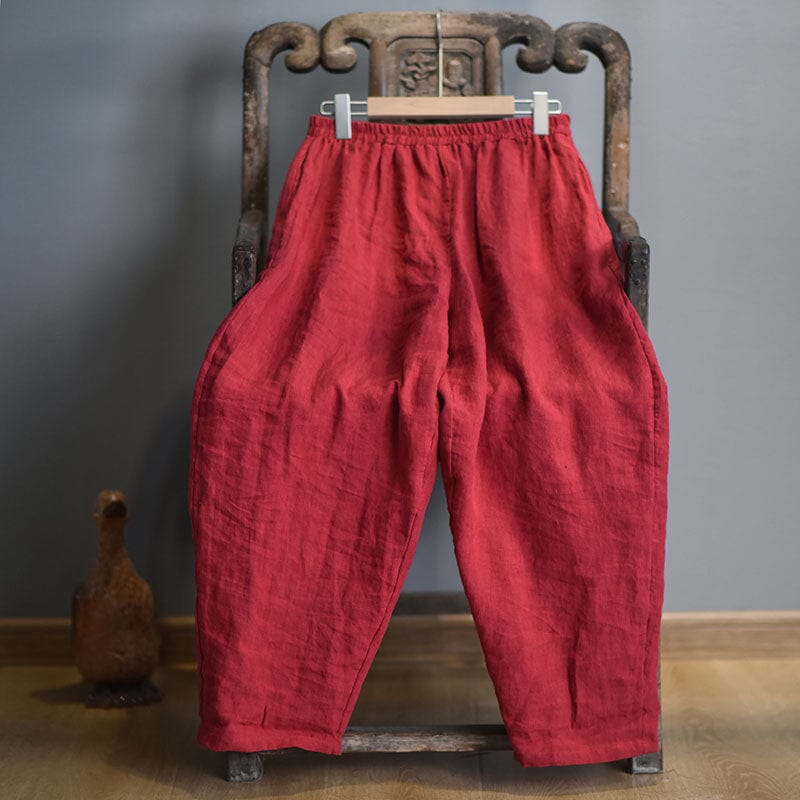 Retro Casual Loose Linen Pants Plus Size Aug 2023 New Arrival Red One Size 