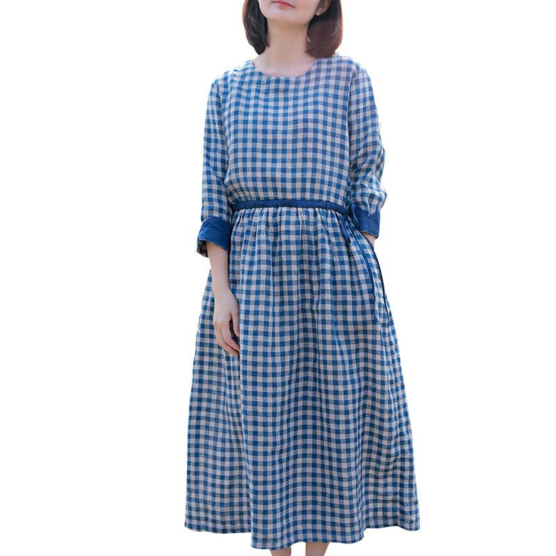 Retro Cotton Linen Blue Plaid Dress March 2021 New-Arrival 