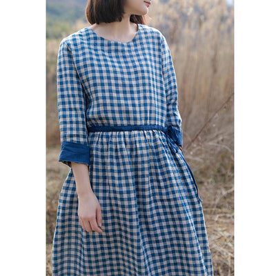 Retro Cotton Linen Blue Plaid Dress March 2021 New-Arrival 