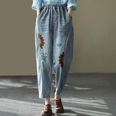 Retro Embroidered Loose Harem Denim Pants March 2021 New-Arrival 