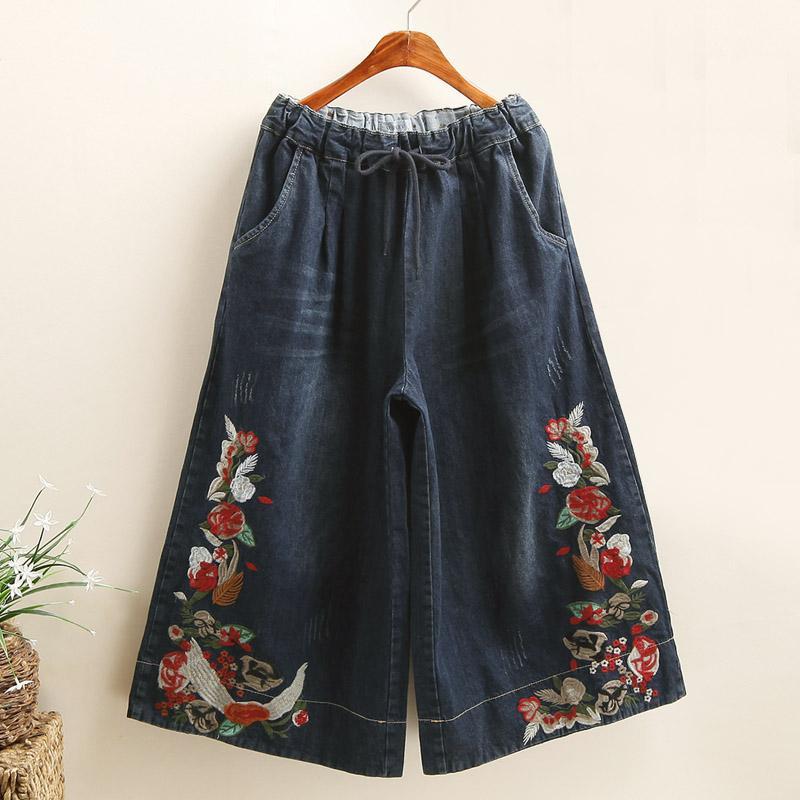 Retro Embroidered Wide-Leg Pants