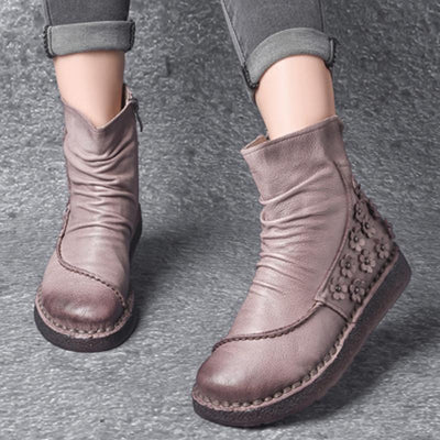Retro Floral Ruched Leather Comfortable Zipper Boots 2019 April New 35 Bean paste 