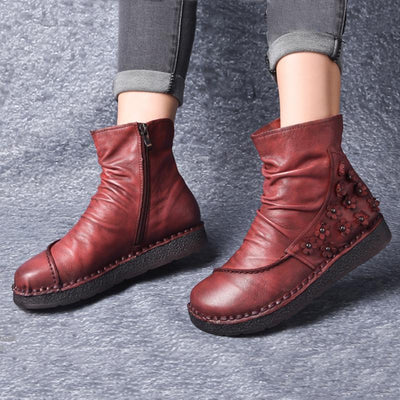 Retro Floral Ruched Leather Comfortable Zipper Boots 2019 April New 35 Red 