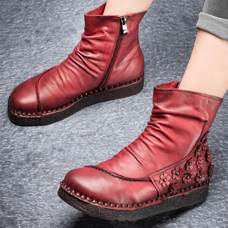 Retro Floral Ruched Leather Comfortable Zipper Boots – Babakud