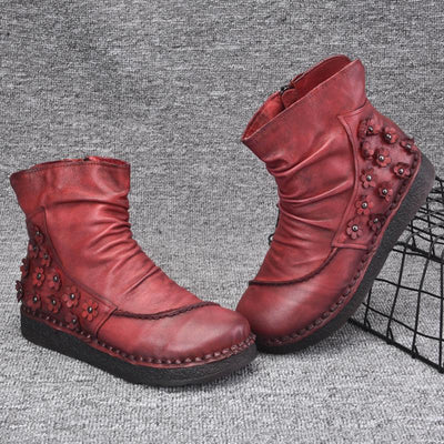 Retro Floral Ruched Leather Comfortable Zipper Boots