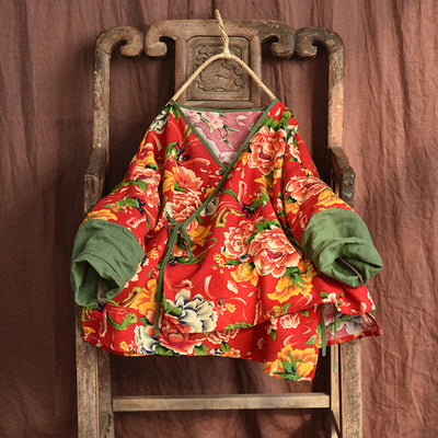 Retro Floral Women Spring Cotton Coat Feb 2022 New Arrival Red One Size 