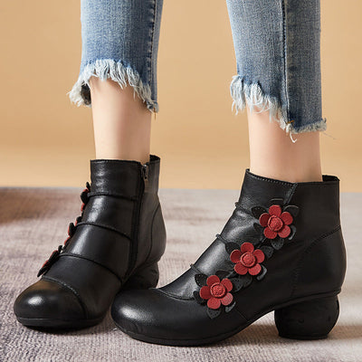 Retro Flowers Leather Casual Wedge Boots