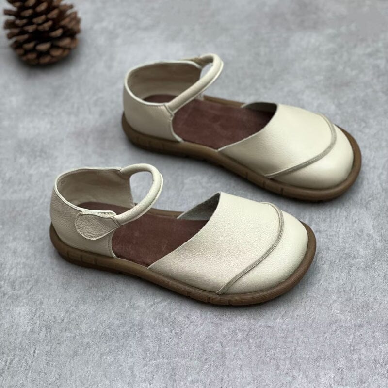 Retro Handmade Leather Flat Casual Sandals May 2023 New Arrival Beige 35 