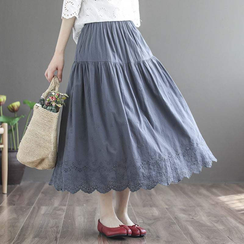 Retro Hollow Embroidery Cotton Linen A-Line Skirt