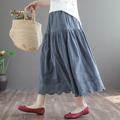 Retro Hollow Embroidery Cotton Linen A-Line Skirt