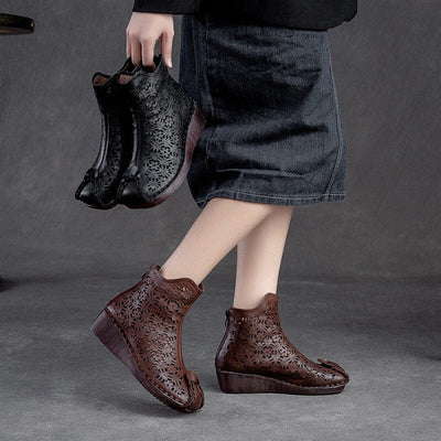 Retro Hollow Leather Casual Low Wedge Summer Boots Feb 2023 New Arrival 