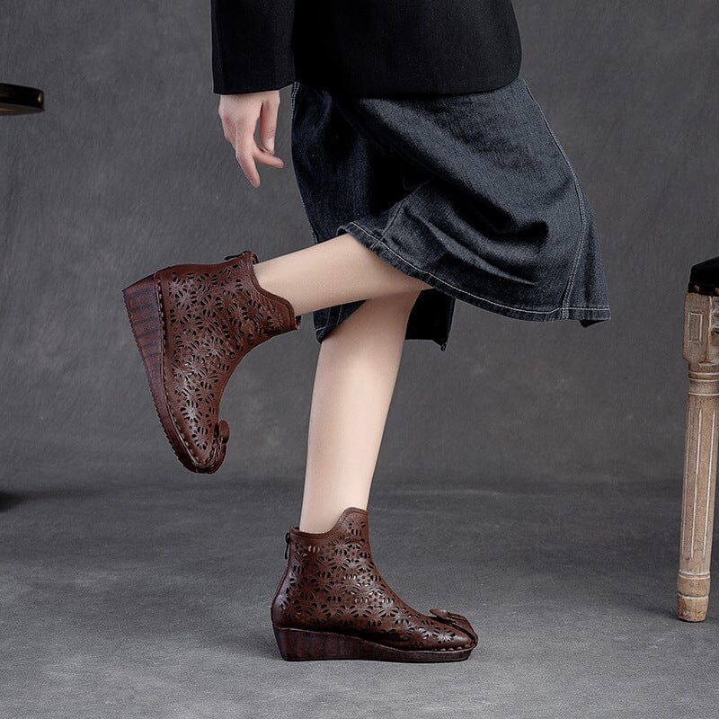Retro Hollow Leather Casual Low Wedge Summer Boots Feb 2023 New Arrival 