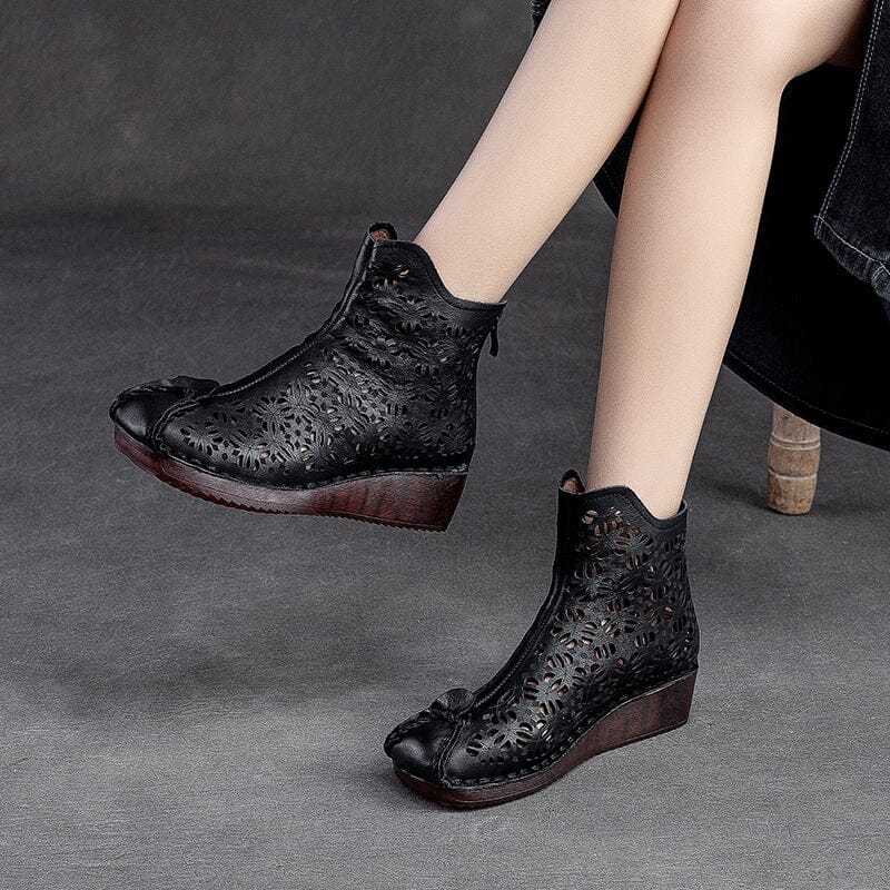 Retro Hollow Leather Casual Low Wedge Summer Boots