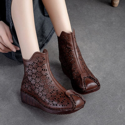 Retro Hollow Leather Casual Low Wedge Summer Boots Feb 2023 New Arrival Brown 35 