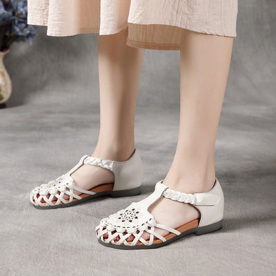 Retro Hollow Leather Round Head Summer Flat Casual Sandals Jul 2022 New Arrival Apricot 35 