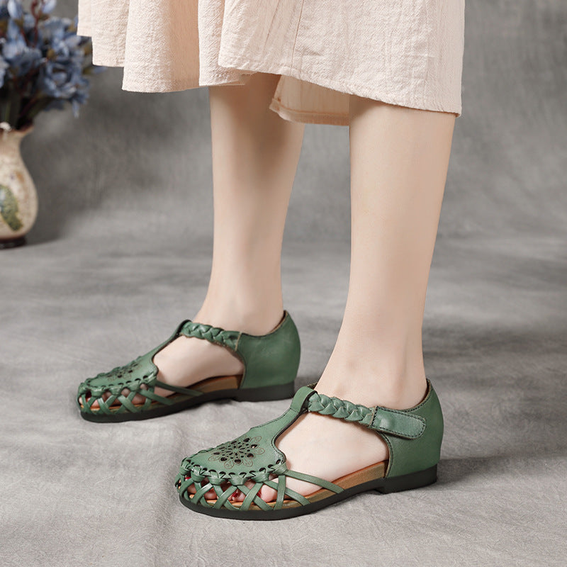 Retro Hollow Leather Round Head Summer Flat Casual Sandals Jul 2022 New Arrival Green 35 
