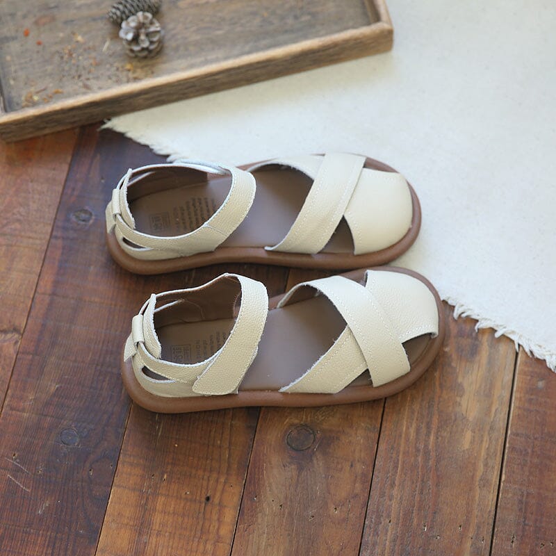 Retro Hollow Leather Velcro Flat Casual Sandals Apr 2023 New Arrival 35 Apricot 