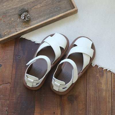 Retro Hollow Leather Velcro Flat Casual Sandals Apr 2023 New Arrival 35 Beige 