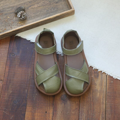 Retro Hollow Leather Velcro Flat Casual Sandals Apr 2023 New Arrival 35 Green 