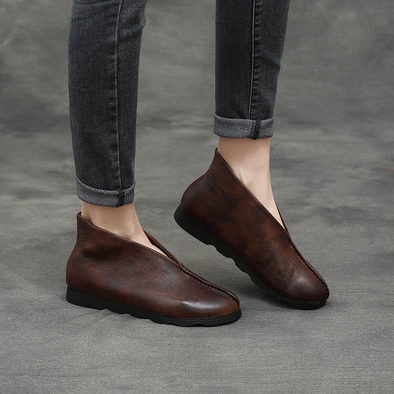 Retro Leather Flat Casual Short Boots Aug 2021 New-Arrival 35 Brown 