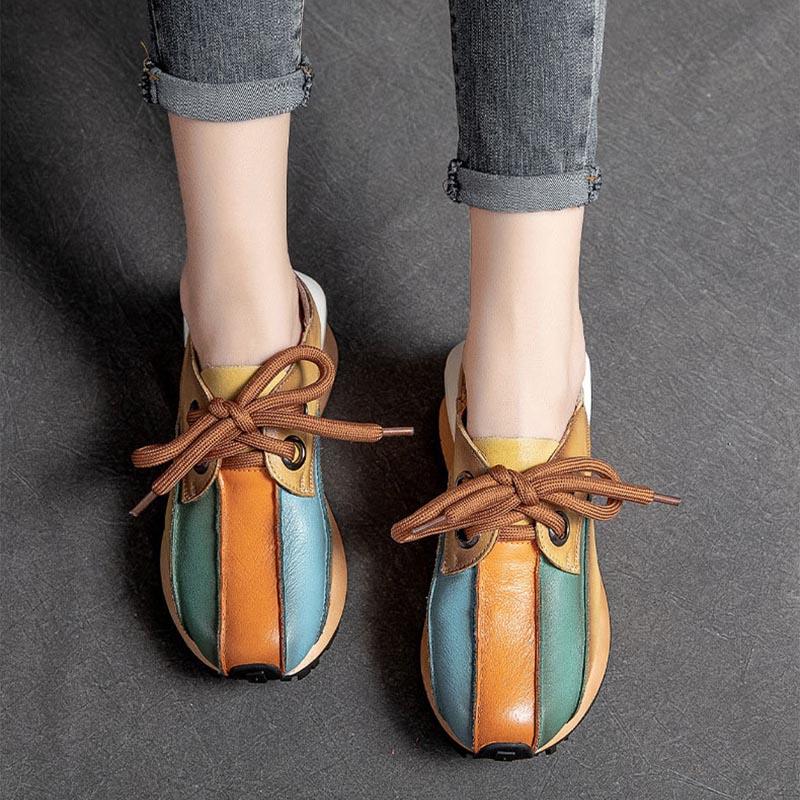 Retro Leather Handmade Rainbow Patchwork Casual Shoes
