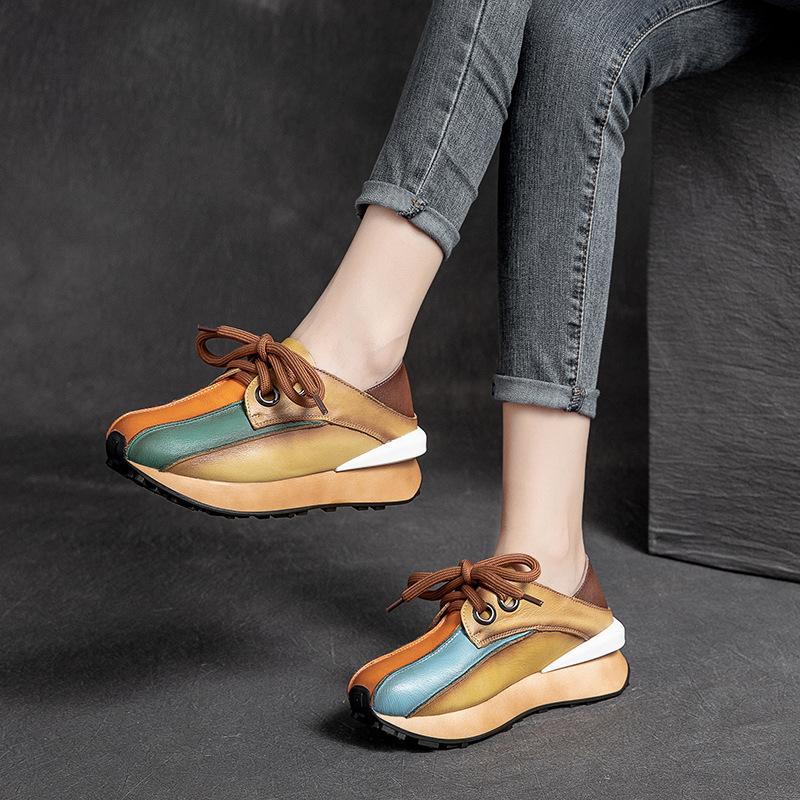 Retro Leather Handmade Rainbow Patchwork Casual Shoes September 2021 new-arrival 