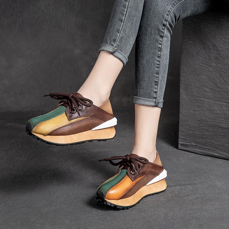 Retro Leather Handmade Rainbow Patchwork Casual Shoes September 2021 new-arrival 35 Brown 