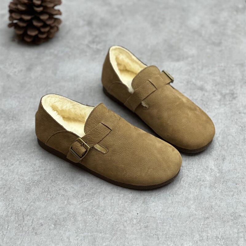 Retro Leather Handmade Winter Furred Casual Shoes Oct 2023 New Arrival Khaki 35 