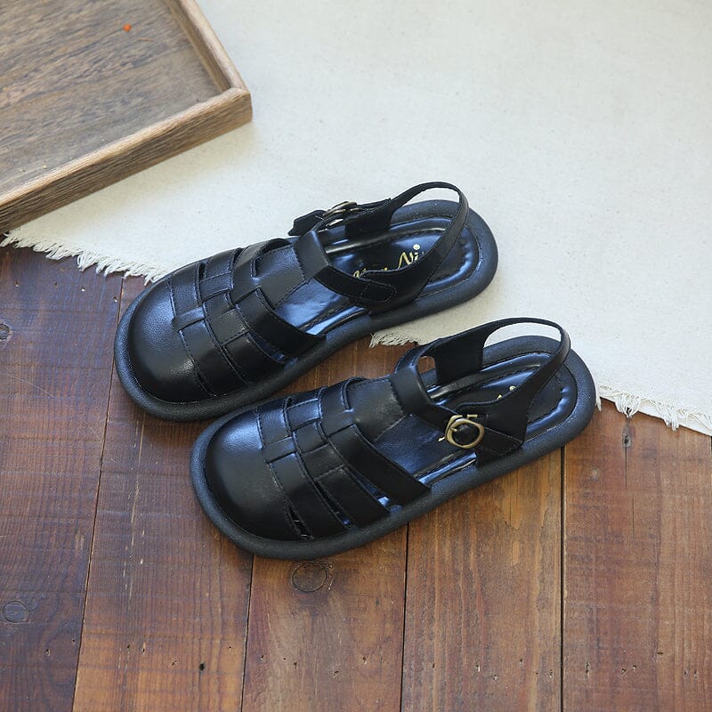 Retro Leather Hollow Flat Soft Casual Sandals Jun 2023 New Arrival 35 Black 