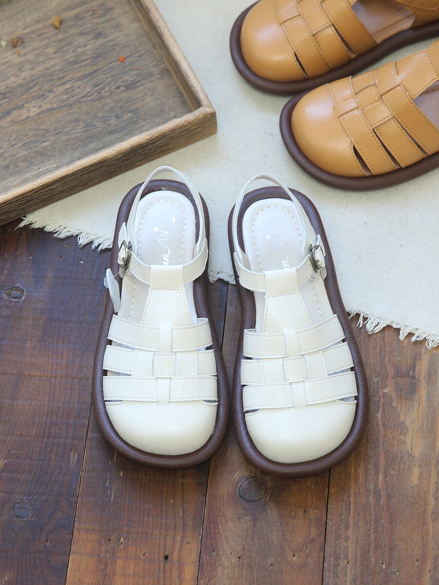 Retro Leather Hollow Flat Soft Casual Sandals