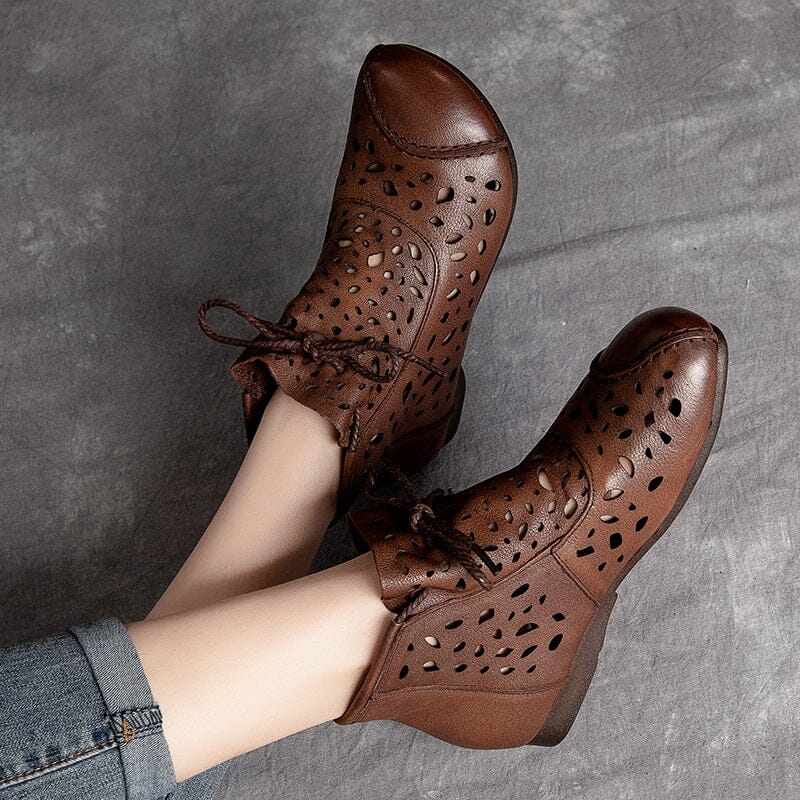 Retro Leather Hollow Flat Women Summer Ankle Boots Mar 2023 New Arrival 